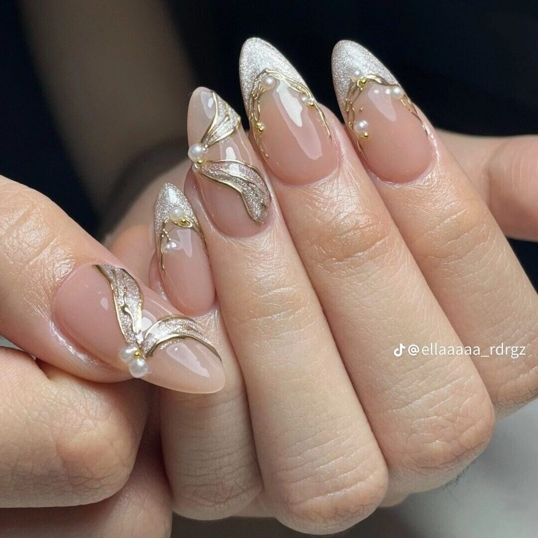 Nude Almond Press-On Nails with Silver & Gold Accents