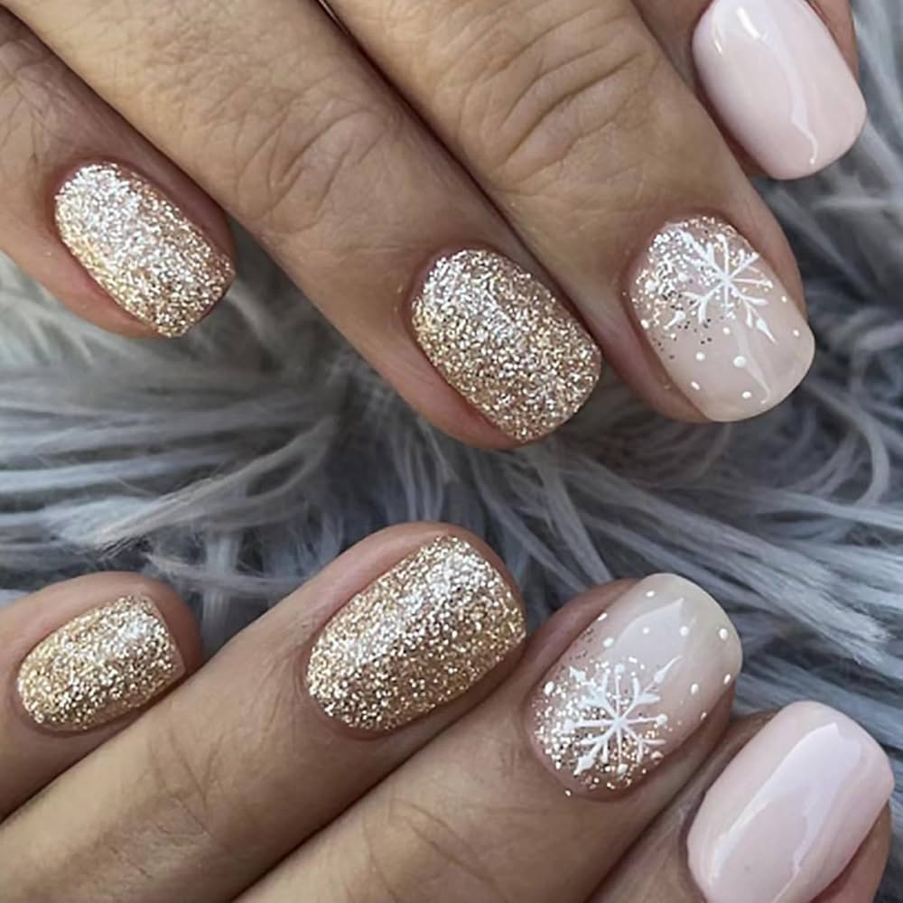 Nude & Gold Glitter Snowflake Press-On Nails
